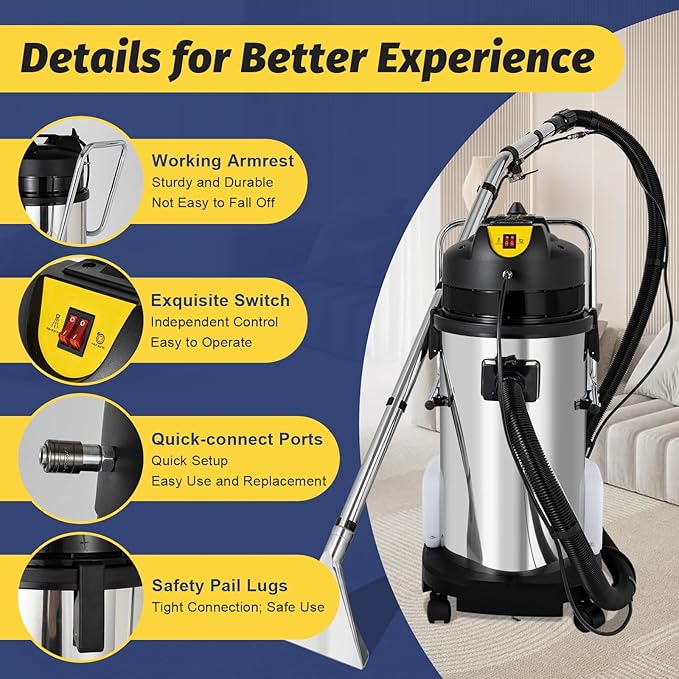 Carpet Cleaner, 110V 1049W 40L Carpet Cleaning Machine Multi-Purpose Wet Dry Upright Vacuum Floor Shampooer Machine with 3 Vacuuming Head for Guest Houses Dry Cleaners Offices