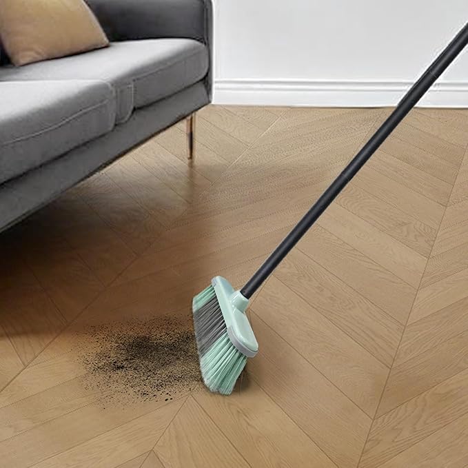 Indoor Broom Soft Bristle Brooms - Brooms for Sweeping Indoor Pet Hair, House Broom for Cleaning Hardwood, Tile, and Decking Surfaces Across.（Green）