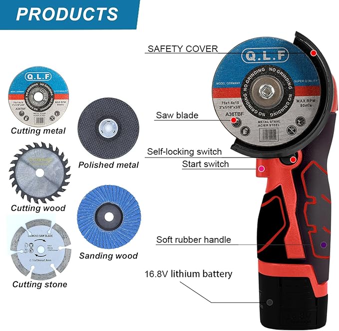 Cordless Brush Angle Grinder Kit, 19500rpm Mini Electric Angle Grinding Tool with 2pcs 16.8V 2000mAh Batteries and 5-Cutting Discs, Grinder Handheld Cutter for Metal Wood