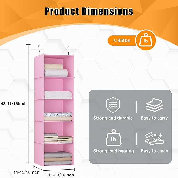 Hanging Closet Organizer, Easy Mount Foldable 5-Shelf Hanging Closet Wardrobe Storage Shelves, Clothes Handbag Shoes Accessories Storage, Washable Oxford Cloth Fabric, Pink