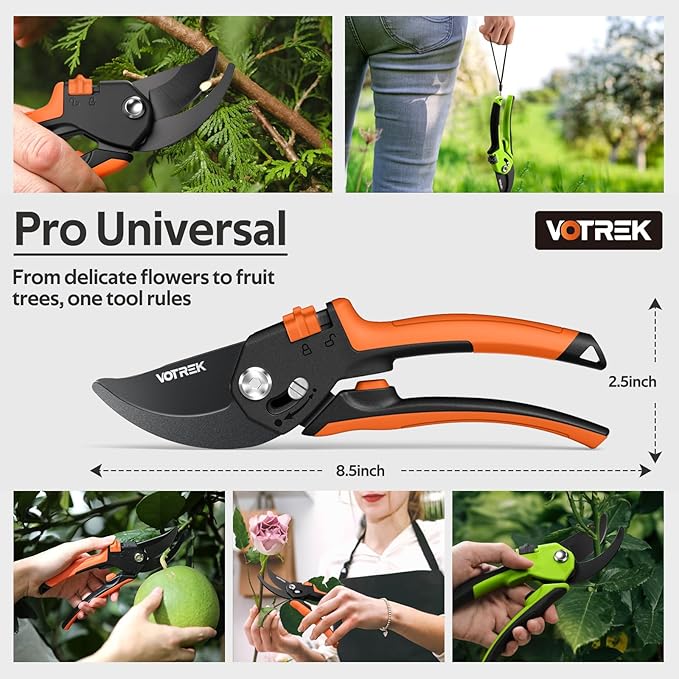 VOTREK® Pruning Shears, [Patented Stepless Handle Opening] - Garden Clippers with Ultra-Sharp SK5 Steel for Weak Hand, Pruners Universal Fit for All Hand Sizes, Effortlessly Cuts 1-Inch Branches