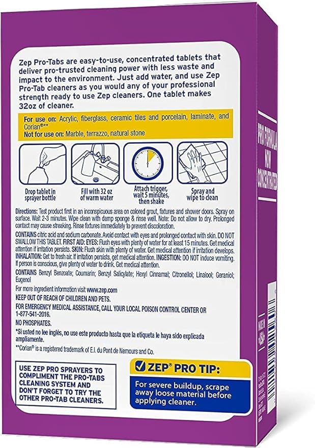 Zep PRO-TABS Bathroom Cleaner Dissolvable Tablets - 4 Tablets Per Box - Just Add Water! Environmentally Friendly, Purple (ZUBCTAB)