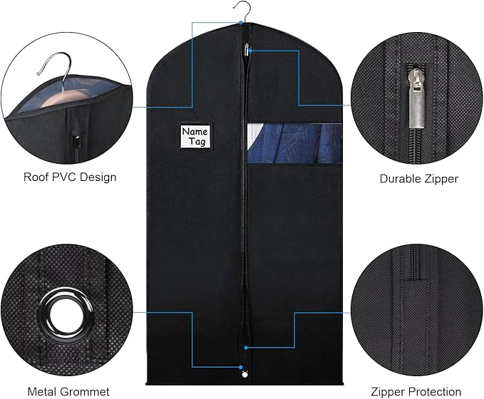 Syeeiex 40‘’ Suit Bag, Set of 16 Garment Bags for Hanging Clothes, Suit Covers Bags, Suit Bags for Closet Storage with Clear Window, Suitable for Suits, Shirts, Jackets, Sweaters, Winter Coat(Black)