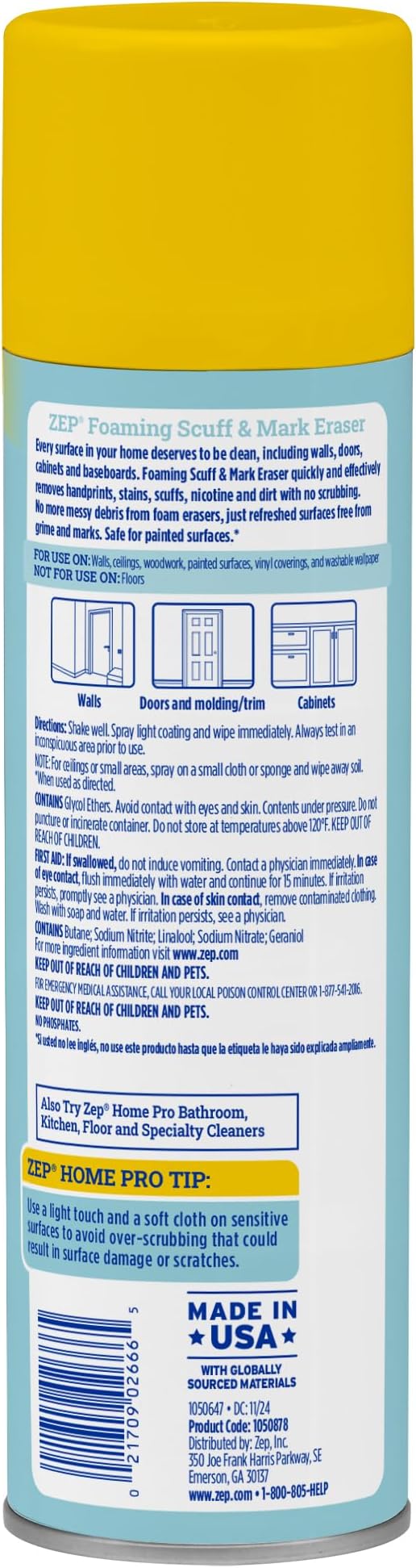 Zep Home Pro Foaming Scuff & Mark Eraser, Paint Safe Surface Cleaner, 18 oz, for Doors, Walls, Molding, Cabinets, Removes Fingerprints, Smudges, Stains