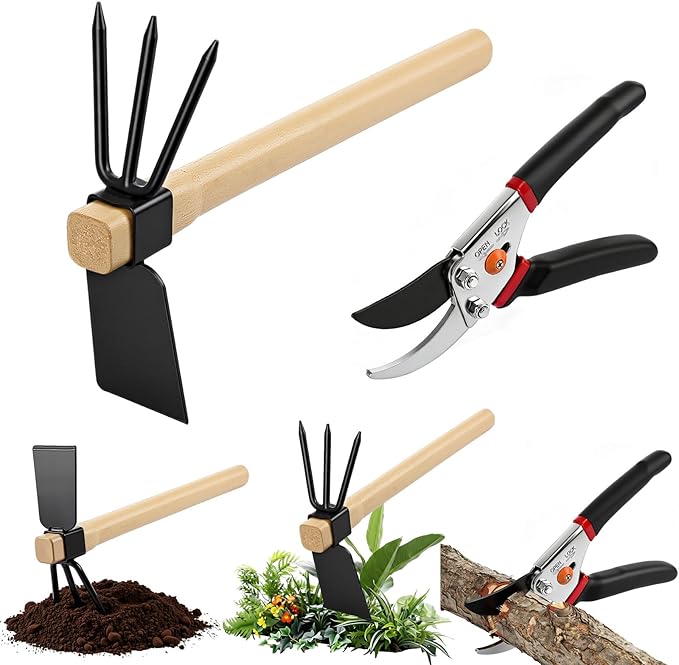 2 Pcs Garden Tools Hoe and Cultivator Garden Rake Bypass Pruning Shears 5/8-Inch Cut Capacity Clippers Gardening Scissors 2-In-1 Heavy Duty Gardening Hand Tools for Digging Weeding Cultivating