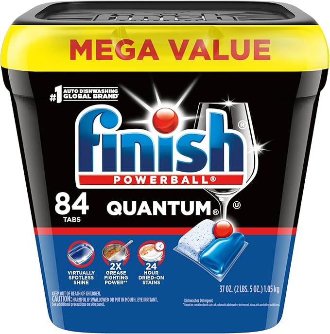 Finish Quantum Dishwasher Pods, No Pre-Rinse Dishwasher Detergent Soap Removes 24HR Dried-On Stain and Grease, Leaving a Virtually Spotless Shine, 84 Count
