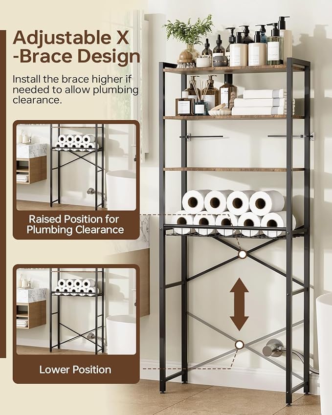 4-Tier Over-the-Toilet Storage Rack with One-Piece Wooden Shelves & Open Net Basket, Bathroom Organizer with Adjustable Feet & Anti-Tip Kit, Space-Saving Toilet Shelf, Brown, 24.4" x 9.4" x 69.3"