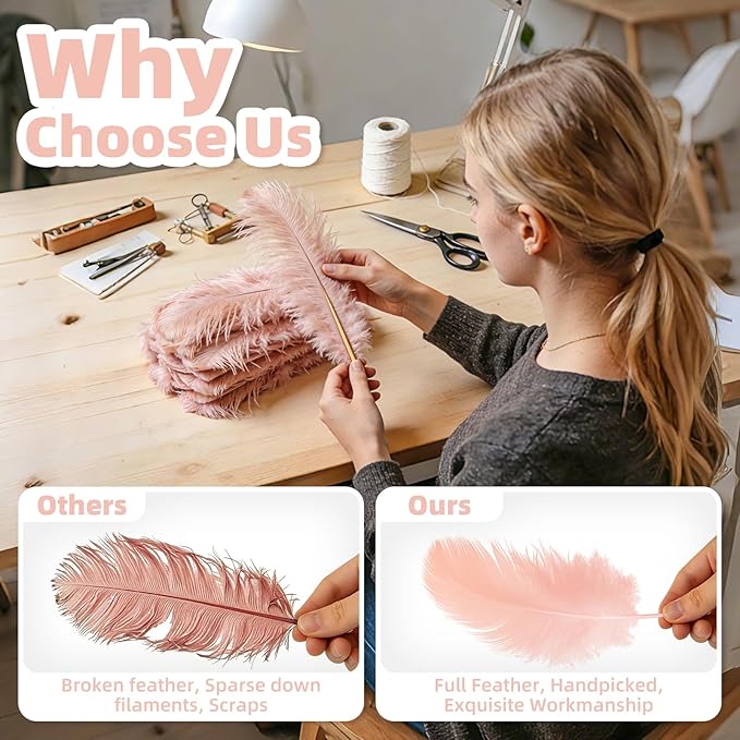 Pink Ostrich Feather Duster with Wooden Handle, 13.5 inch Natural Fluffy Cleaning Tool for Dusting Home, Car, Delicate Surfaces, Reusable Decorative Duster for Ledges, Blinds & Delicate Home Decor