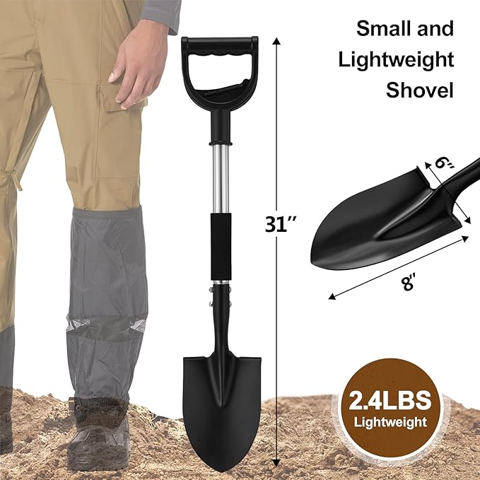 Shovel for Digging, 31" Compact Garden Shovel with D-Grip, Small Metal Spade Shovel for Gardening Camping, Kids Sand Beach Mini Spade, Portable