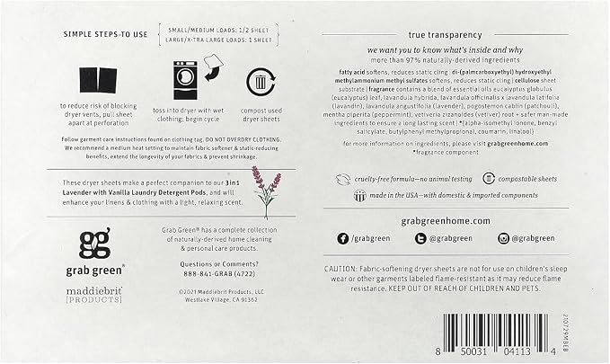 Grab Green Dryer Sheets, 80 Sheets, Lavender Vanilla Scent, Plant and Mineral Based, Compostable, Softens Fabrics, Reduces Static Cling and Wrinkles