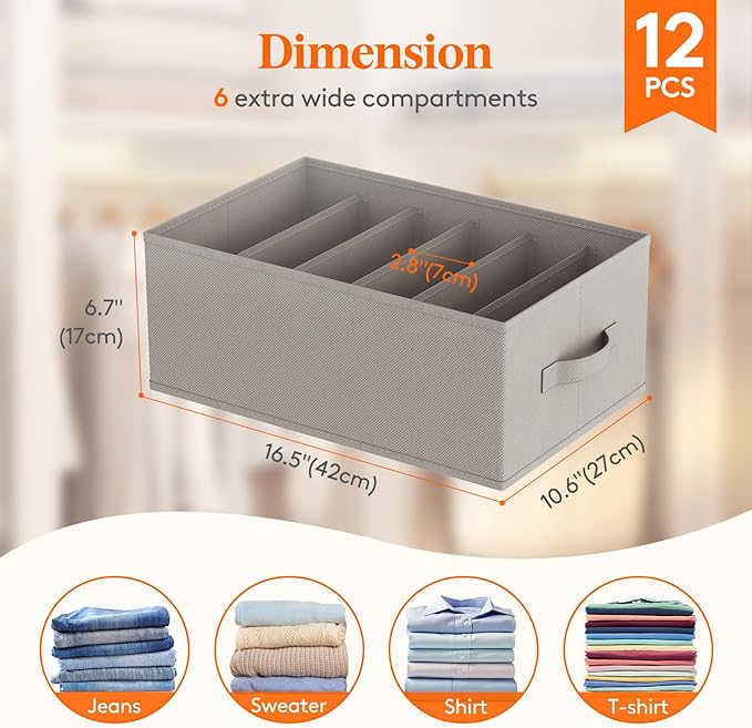 Lifewit Wardrobe Clothes Organizer 12 Pack, Large Size 6 Grids Closet Jean Storage Bins with Handles and Support Boards, Foldable Drawer Dividers for Sweater, Pants, T-Shirt, Hoodie, Dress, Grey
