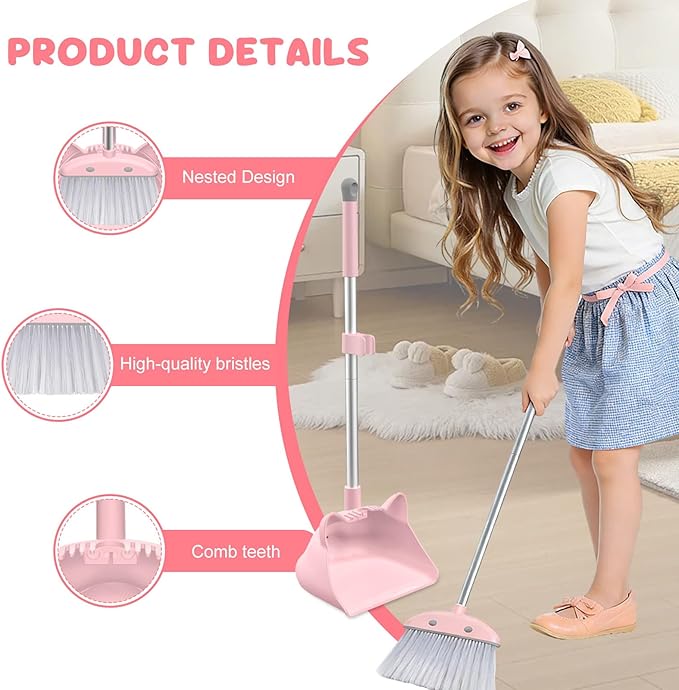 Mini Broom with Dustpan for Kids, 28-in Handle Kids Broom and Dustpan Set for Toddlers Cat-Shaped Children Broom and Cleaning Set Boys Girls Small Housekeeping Helper Set, Pink