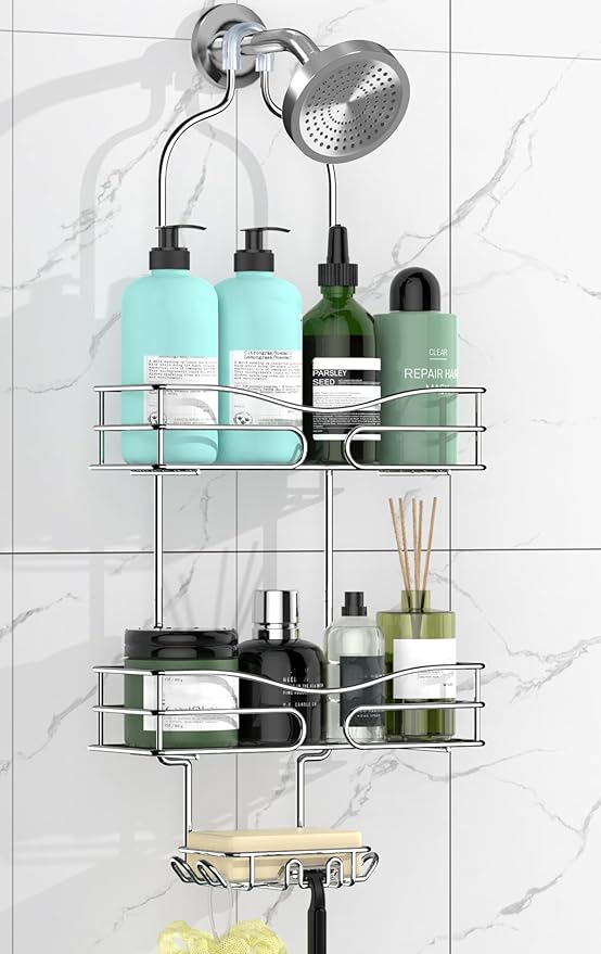 DAOYA Shower Caddy - Organizer with 6 Hooks, Soap Basket & Self-Adhesive Pad, Silver