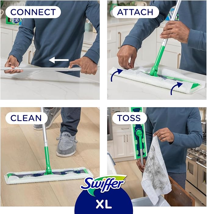 Swiffer Sweep + Mop XL, Broom & Mop Alternative, Floor Cleaner for Dirt, Dust, Hair, All Purpose Cleaning Tool for Home, Bathroom, Kitchen, Set Includes 1 XL Sweeper 8 XL Dry Pads 2 XL Wet Pads Fresh