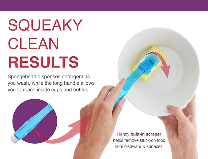 Arrow Home Products Dish Sponge with Soap Dispenser Handle - Fillable Dish Wand for Quick, Convenient Cleaning - Made in the USA - Easy to Refill, Built-In Scrubber, Ideal for Dishes and Pans