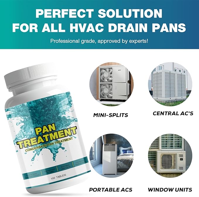 100 Tablets A/C Drain Line Cleaner - A/C Drain Line Tablets - Condensate Pan Treatment Tablets, No-Residue, Water-Soluble, Fast-Acting Pan Treatment, for Window Units, Mini-Splits, Dehumidifiers