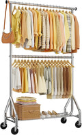 HYSEYY Heavy Duty Clothes Rack, Double Rod Clothing Rack for Hanging Clothes, Rolling Garment Rack, Adjustable Freestanding Wardrobe Closet Coat Rack for Bedroom Laundry Living Room, Silver