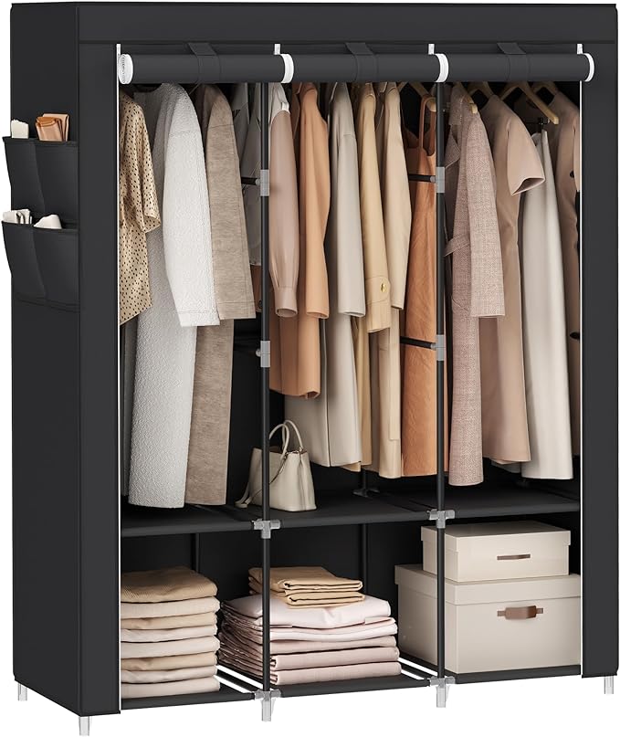 SONGMICS Portable Closet, Wardrobe Closet Organizer with Cover, 3 Hanging Rods and Shelves, 4 Side Pockets, 51.2 x 17.7 x 65.7 Inches, Large Capacity for Bedroom, Living Room, Ink Black URYG092B02