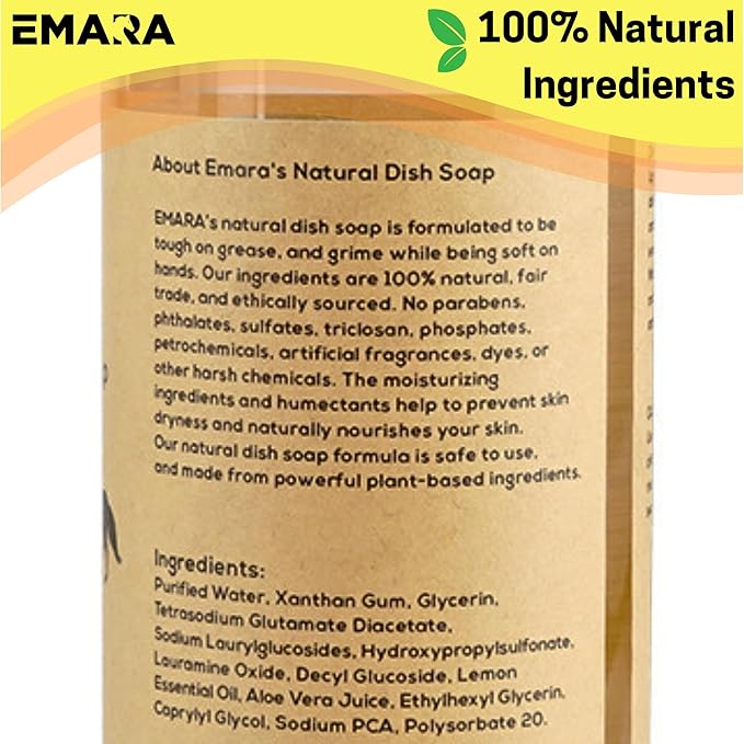 EMARA All-Natural, Non-Toxic Dish Soap Liquid - 17 fl oz (500ml) - Hypoallergenic, Organic, Cuts Grease & Food Residue, Lemon and Orange Scent, Pack of 2