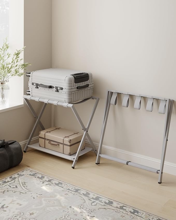 Hzuaneri Luggage Rack, Folding Suitcase Stand for Guest, Foldable, Luggage Holders with Shelf, Steel Frame with Nylon Straps for Bedroom, Hotel, Holds up to 154 lb, Grey,1 Pack LR03899G