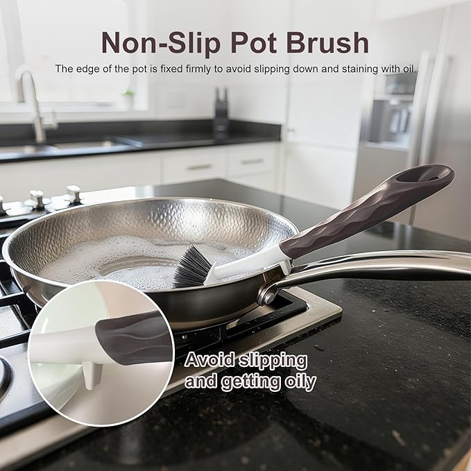 Dish Brush, 2 Pack with Comfortable Handle, with Built-in Scraper, Scrub Brush with Medium Firm bristles for Cleaning Dishes, Sink, Pots (Brown)