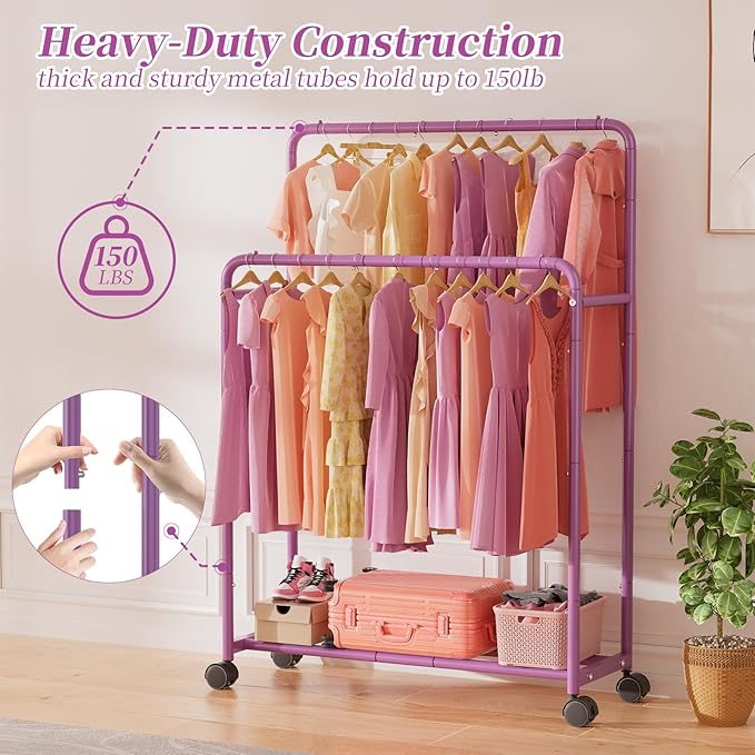 Simple Trending Clothing Clothes Rack Double Rods with Wheels, Rolling Metal Garment Rack for Hanging, Purple