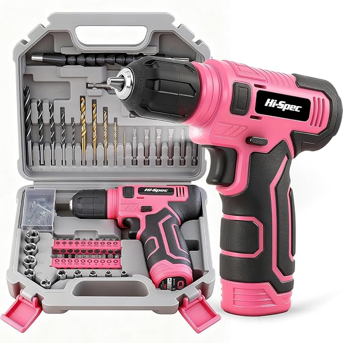 Hi-Spec 110pc Pink 8V USB Electric Power Cordless Womens Drill Driver Set. Drill Bits, Sockets and Screwdriver Bit Set Accessories In a Portable Toolbox Case for Ladies