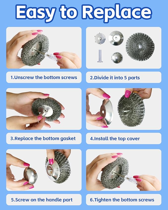 Stainless Steel Scrubber with Handle, Heavy Duty Steel Wool Scrubbers for Pots and Pans, Cast Iron, Steel Wool Scouring Pads for Stove, Oven, Grill, Kitchen, Sink Cleaning
