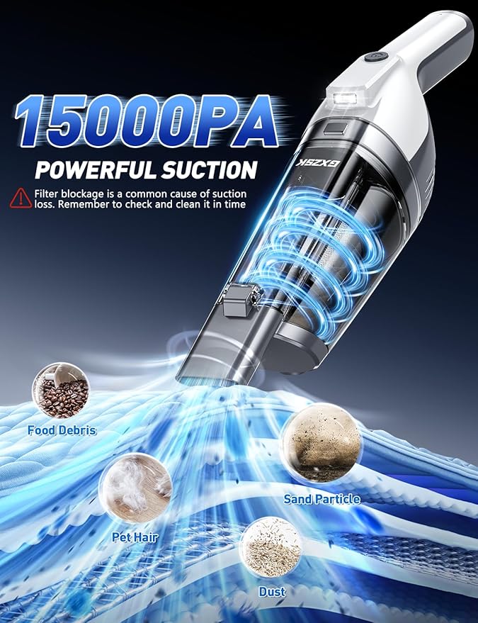 Handheld Vacuum Cordless, 15000PA Powerful Suction Hand Held Vacuum Cleaner, Car Vacuum Portable Cordless with Large-Capacity Dust Bin & LED Light, High Power Dust Busters for Home, Car, Office, Pet