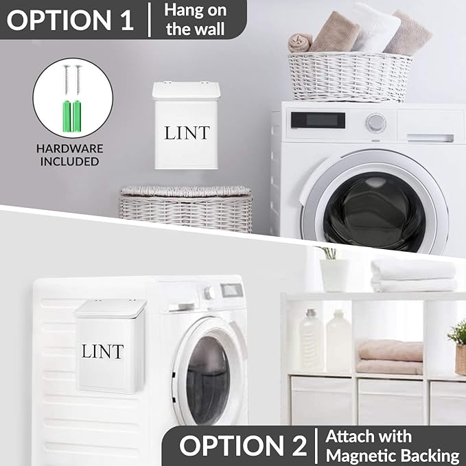 Calindiana Modern Farmhouse Metal Magnetic Lint Bin for Laundry Room Decor and Accessories with Lid and Laundry Room Organization and Storage Wall Mount Space Saving Washer and Dryer Trash Can, White