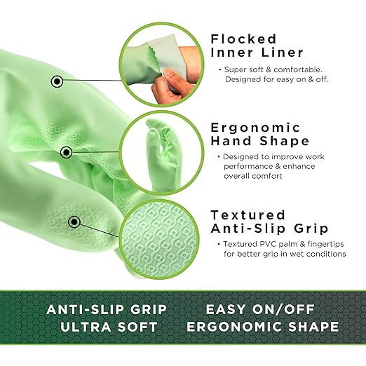 SHOWA 111 Skin-Friendly Dishwashing Gloves, Latex-Free PVC, Reusable Housekeeping Gloves with Cotton Liner, Non-Slip Grip for Kitchen & Gardening, Made in Japan, Large, 2-Pairs