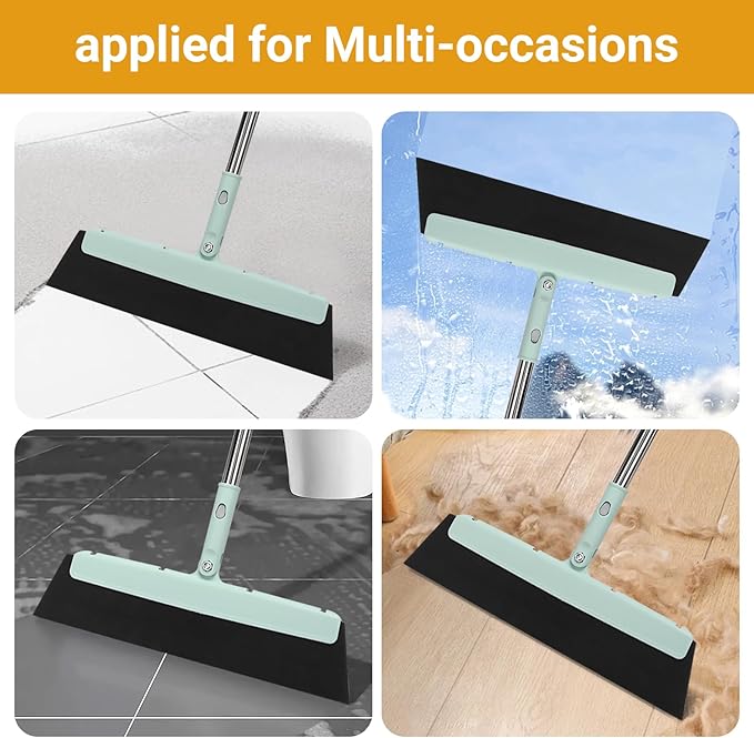 Broom and Dustpan Set,Squeegee Broom,Long Handle Broom and Dustpan Set,Broom with Stand Up Dustpan Combo Set,Squeegee - Kit for Indoor Cleaning 2+1 for Home, Office, Lobby(Green)