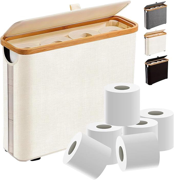Toilet Paper Roll Storage, Bathroom Slim Toilet Paper Storage with Lid for 12 Rolls, Ultimate Bathroom Organizer with Anti-Slip Base, Beige 30L