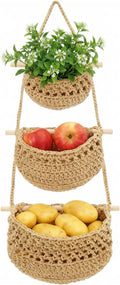 Hanging Fruit Basket, 3 Tier Cotton Woven Wall Basket, Detachable Wall Hanging Baskets for Kitchen Bathroom Storage, Plants Holder, Vegetable Onion Organizing, Boho Decor Aesthetic