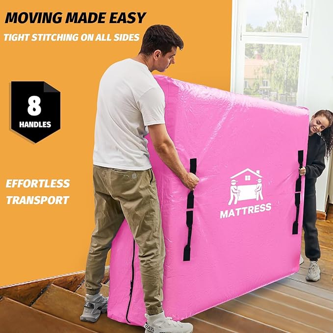 Mattress Bags for Moving, BETU Mattress Protector Waterproof Mattress Cover King Size Storage Bags with 8 Heavy-Duty Handles and Zipper for Bed Extra Thick Large Reusable (82"x79"x15" Pink)