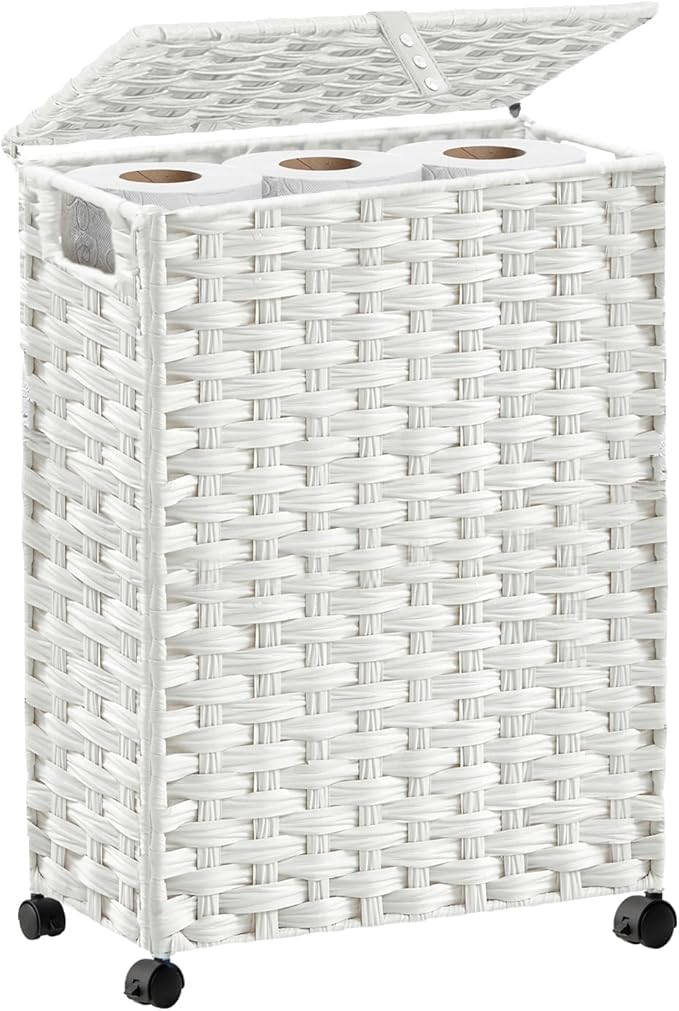 Hiagnete Toilet Paper Storage Basket with Lid and Wheels, Rattan Toilet Paper Holder Storage, Toilet Paper Organizer for Bathroom, Bedroom, Kitchen, 12.6”L x 7.1”W x 17.14”H, White