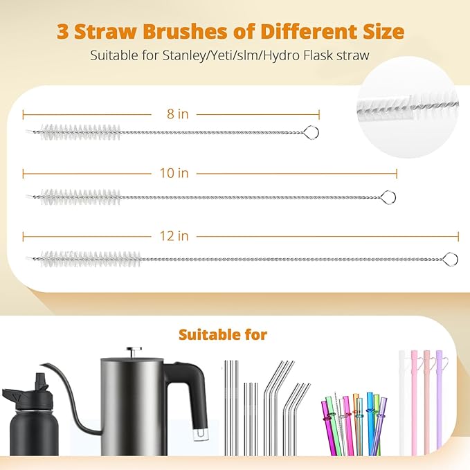 OUTXE 5 Pack Bottle Brush Set, 5-in-1 Water Bottle Cleaner Brush, 15" Long Handle Bottle Cleaning Brush, 3 Straw Brush, Removable Nipple Brush, Detail Brush for Cup Lid Gap, WBBSBLB5