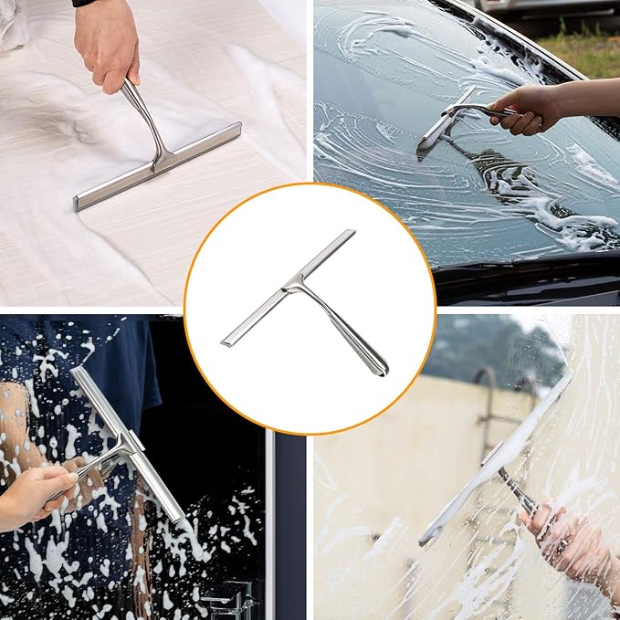Shower Squeegee for Shower Doors 10 Inch Bathroom Squeegee for Windows,Kitchen,Mirror and Car Glass, Stainless Steel with Adhesive Hook