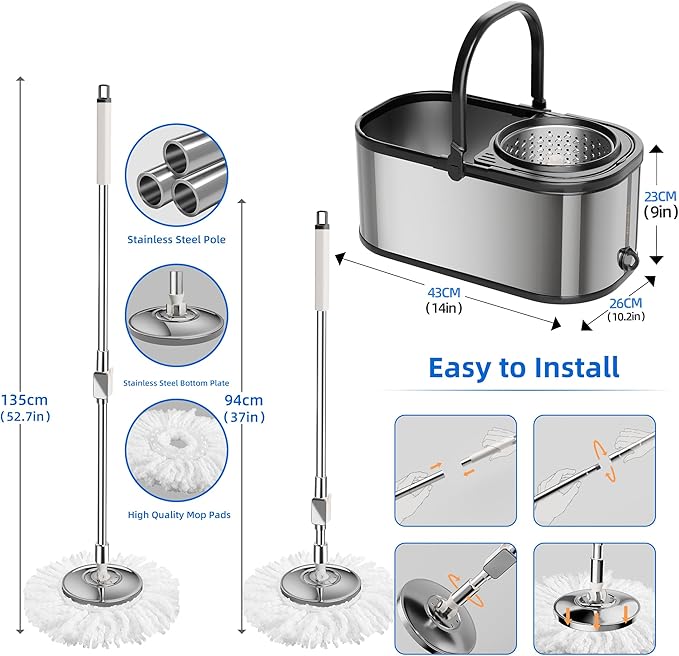 Spin Mop and Bucket with Wringer Set for Home,360° Mop and Bucket with Separate Clean and Dirty Water,Wet Dust Mop for Floor Cleaning with Extra Refills (Silver)