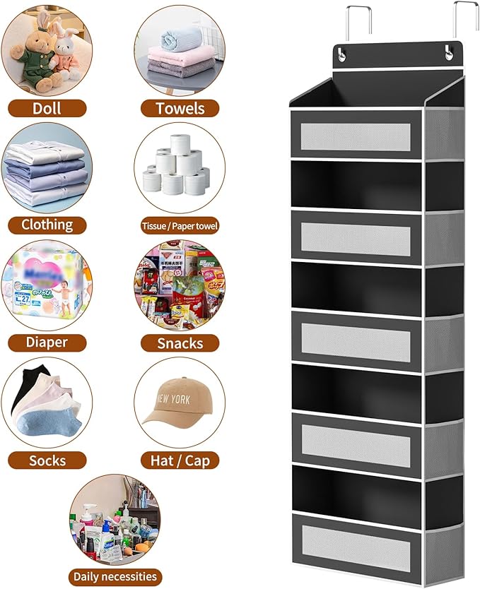 Over The Door Organizer with 5 Large Pockets, Over the Door Storage 10 Side Pockets 44 lb Load Behind Door Storage, Door Organizer Hanging Shelf for Closet Wall Bedroom Bathroom Nursery, 5-Tier Black