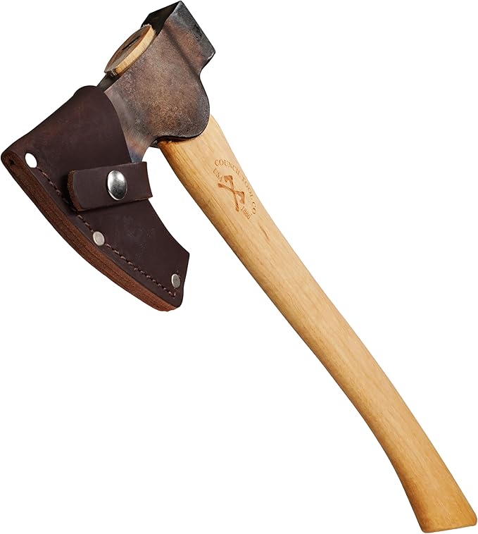 COUNCIL TOOL Wood-Craft Camp Carver Axe - 1.7 lbs Bushcraft Axe with 16" Curved Hickory Handle & Leather Sheath - WC17CCA16C