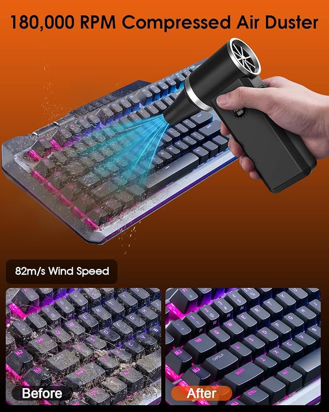 Super Power Compressed Air Duster - Fastest Charging Cordless Electric Air Duster, 180,000 RPM Brushless, 4 Speeds Durable Mini Blower - Replaces Canned Air for Keyboard, PC & Car Cleaning