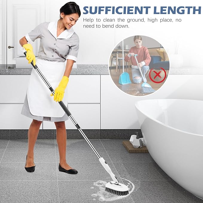 SetSail Floor Scrub Brush, 3-in-1 Tile Tub Floor Scrubber with 52-inch Adjustable Long Handle Shower Cleaner Brush and 4 Detachable Replacement Brush Heads for Cleaning Bathroom Tub Tile, White Grey