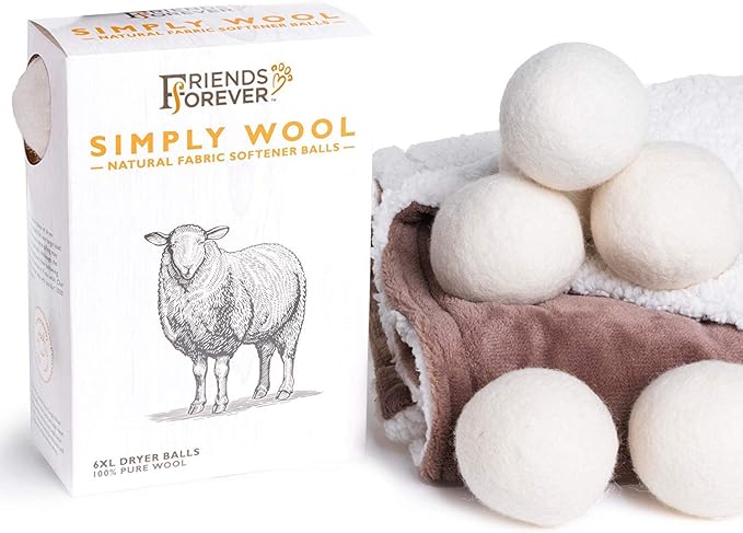 Friends Forever Wool Dryer Balls 6-Pack XL Wool Laundry Balls for Dryer as Reusable Natural Fabric Softener, Dryer Sheets, Saves Drying Time & Reduces Clothes Wrinkles, Ideal for Drying Dog Beds