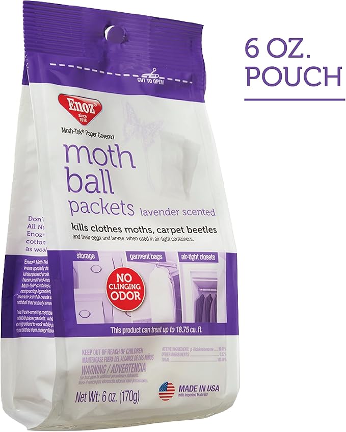 Enoz Lavender Scented Moth Ball Packets: Kills Clothes Moths, Carpet Beetles, Eggs and Larvae (6 oz Bag, 6 Pack)