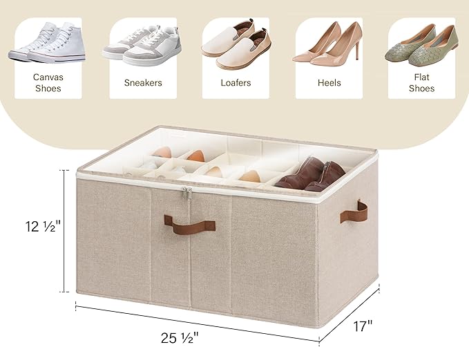 StorageWorks Shoe Organizer for Closet, Fits up to 24 Pairs, Shoe Cubby Storage Containers with Adjustable Dividers and Clear Cover, Taupe
