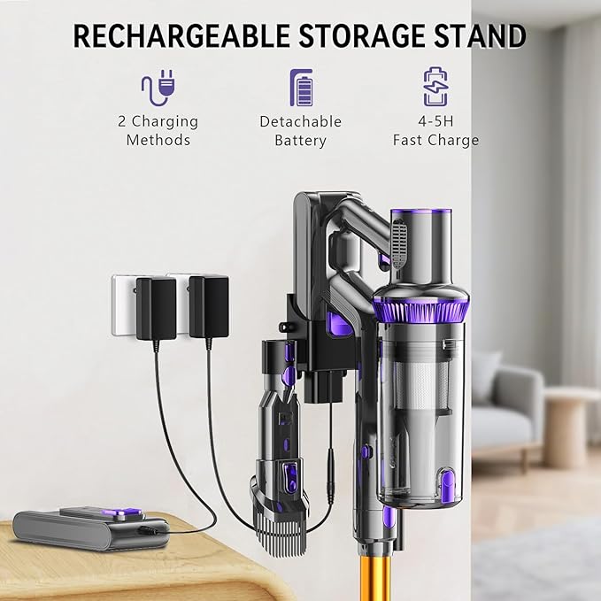 Cordless Vacuum Cleaner, 450W 48KPA 60Mins Vacuum Cleaners for Home,Anti-tangle Wireless Vacumm,Rechargeable Vacuum With Green Light,Powerful Stick Vacuum for Carpet/Hardwood Floors,Pet Hair,Purple