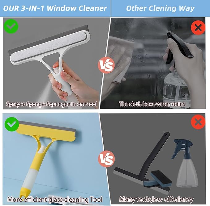 3 in 1 Window Squeegee, Cleaning Scraper with Scrubber Sponge Sprayer Clean Kit for Glass, Tile Walls, Shower Door, Car, Bathroom (Yellow)