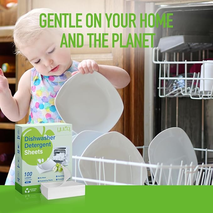 Dishwasher Detergent Sheets 100 Loads Eco Friendly Dishwasher Detergent Plastic-Free Washer Sheets Alternative(Green Apple)