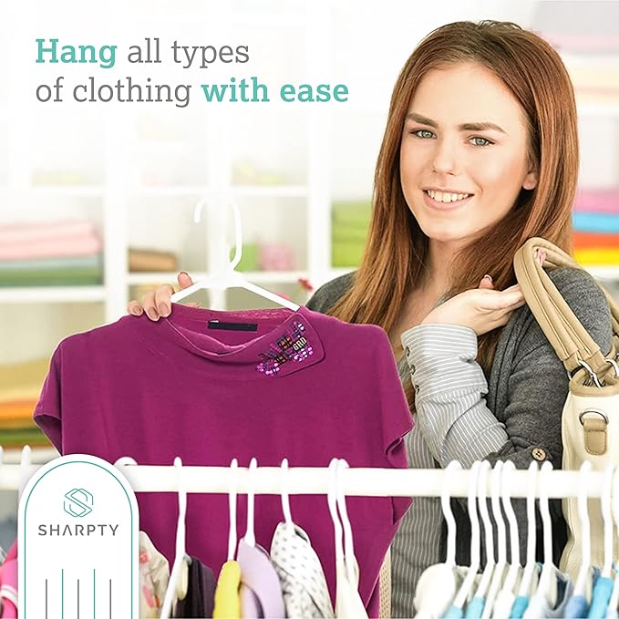 Sharpty Plastic Hangers Clothes Hangers for Clothing, Closet, Coats & Shirts - Durable & Space Saving - for Everyday Standard Use, Room Essentials & Basics - 20 Pack - White
